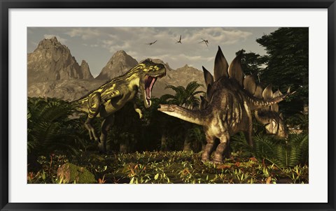 Framed large carnivorous Torvosaurus preying on a Stegosaurus Print