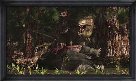 Framed T-Rex returns to his kill and finds some poaching raptors Print