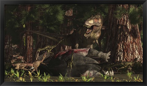 Framed T-Rex returns to his kill and finds some poaching raptors Print