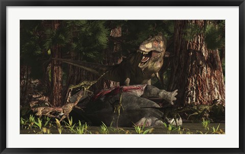 Framed T-Rex returns to his kill and finds some poaching raptors Print