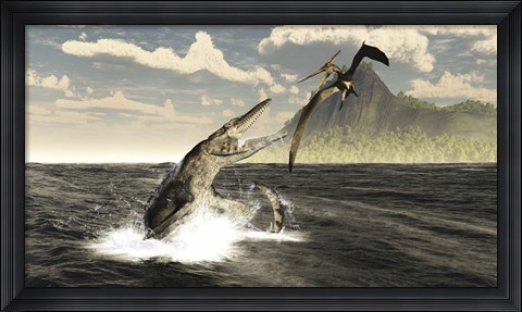 Framed Tylosaurus jumps out of the water, attacking a Pteranodon Print