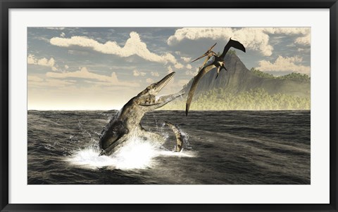 Framed Tylosaurus jumps out of the water, attacking a Pteranodon Print