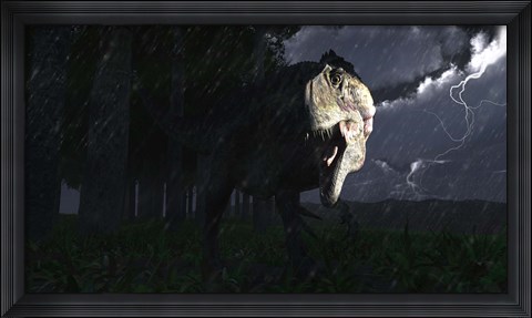 Framed Acrocanthosaurus dinosaur on a stormy night Print