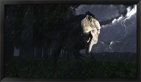 Framed Acrocanthosaurus dinosaur on a stormy night Print