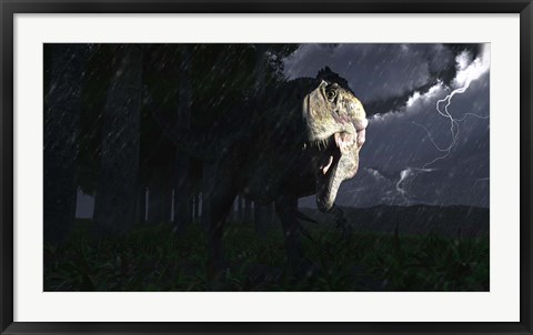 Framed Acrocanthosaurus dinosaur on a stormy night Print