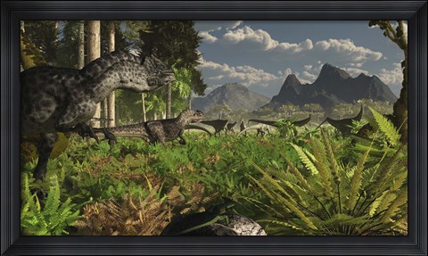Framed Allosaurus and Diplodocus dinosaurs roam western North America Print