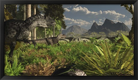 Framed Allosaurus and Diplodocus dinosaurs roam western North America Print