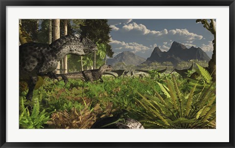 Framed Allosaurus and Diplodocus dinosaurs roam western North America Print