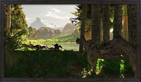 Framed Ceratosaurus dinosaurs stalk a herd of Camptosaurus eating plants Print