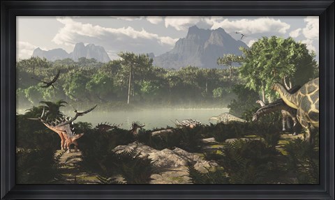 Framed Late Jurassic East Africa with a host of different animals and plants Print