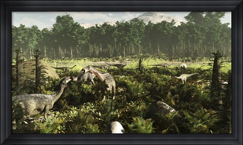 Framed Lurdusaurus and Nigersaurus dinosaurs grazing a prehistoric forest Print