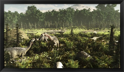 Framed Lurdusaurus and Nigersaurus dinosaurs grazing a prehistoric forest Print