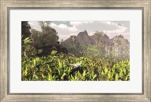 Framed Plateosaurus and Ceolophysis dinosaurs of the Triassic period Print