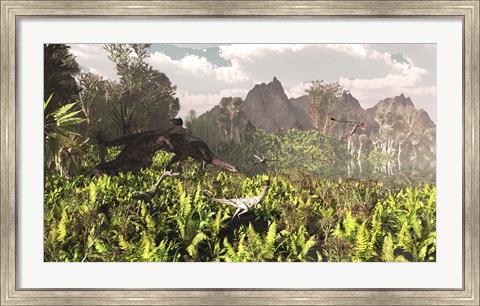 Framed Plateosaurus and Ceolophysis dinosaurs of the Triassic period Print
