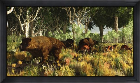 Framed Diprotodon on the edge of a Eucalyptus forest with some early kangaroos Print