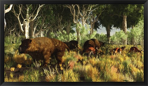 Framed Diprotodon on the edge of a Eucalyptus forest with some early kangaroos Print