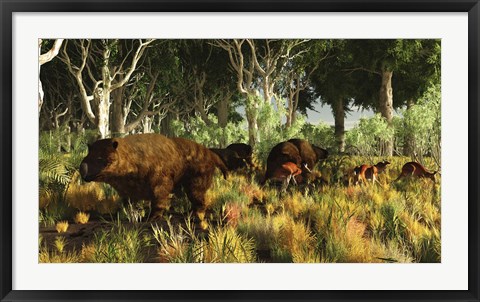 Framed Diprotodon on the edge of a Eucalyptus forest with some early kangaroos Print