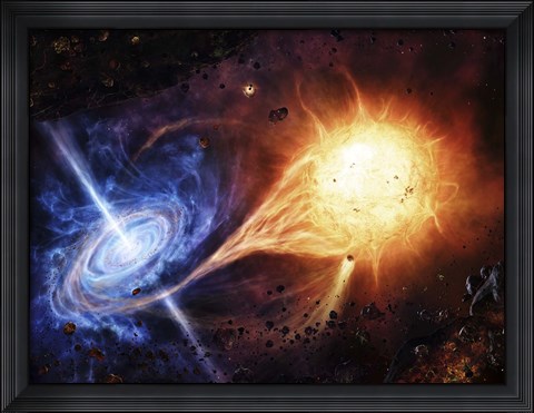 Framed binary system orbiting near a black hole Print