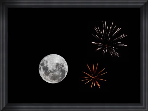Framed composite image with fireworks and a new Moon Print