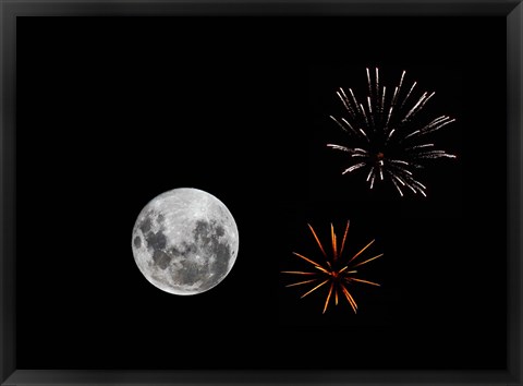 Framed composite image with fireworks and a new Moon Print