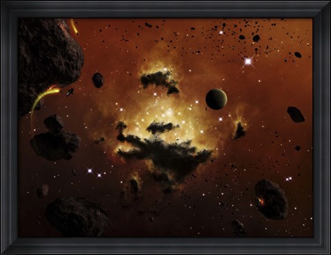 Framed nebula evaporates in the far distance of an asteroid field Print
