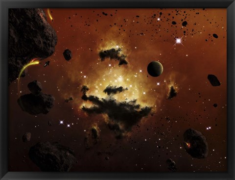 Framed nebula evaporates in the far distance of an asteroid field Print