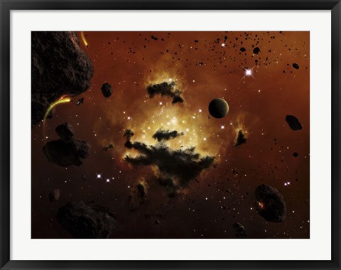 Framed nebula evaporates in the far distance of an asteroid field Print