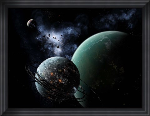 Framed massive space station orbits a large habitable moon Print