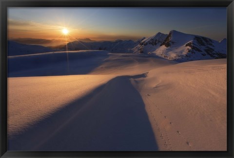 Framed Midnight Sun over Lilletinden Mountain, Nordland, Norway Print