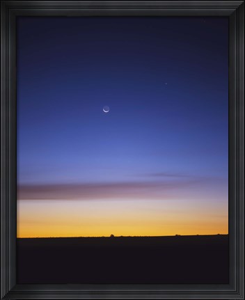 Framed Pre-dawn sky with waning crescent moon, Jupiter at top, and Mercury at lower center Print