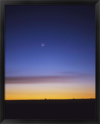Framed Pre-dawn sky with waning crescent moon, Jupiter at top, and Mercury at lower center Print