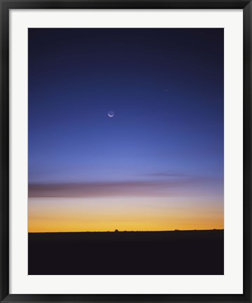 Framed Pre-dawn sky with waning crescent moon, Jupiter at top, and Mercury at lower center Print