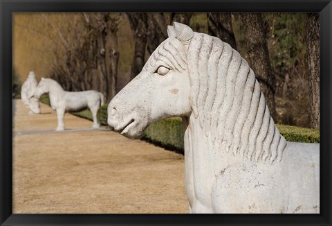 Framed Carved horse statues, Changling Sacred Was, Beijing, China Print