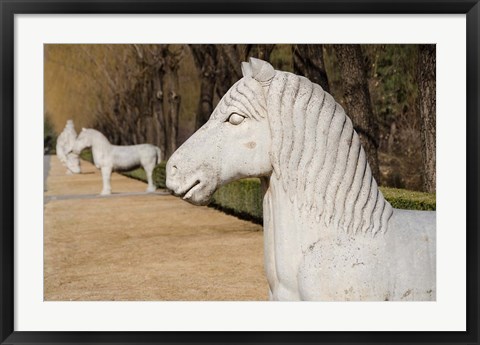 Framed Carved horse statues, Changling Sacred Was, Beijing, China Print