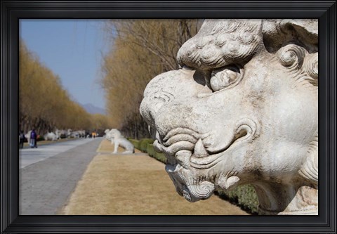 Framed Carved statues of lion creature, Changling Sacred Way, Beijing, China Print