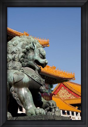Framed Bronze mythological lion statue, Forbidden City, Beijing, China Print