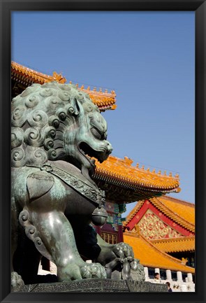 Framed Bronze mythological lion statue, Forbidden City, Beijing, China Print