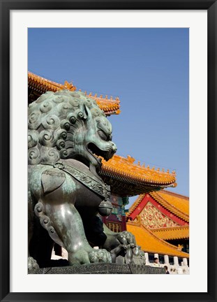 Framed Bronze mythological lion statue, Forbidden City, Beijing, China Print