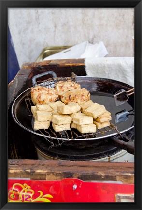 Framed China, Shanghai. Village of Zhujiajiao. Homemade snacks cooked in wok. Print