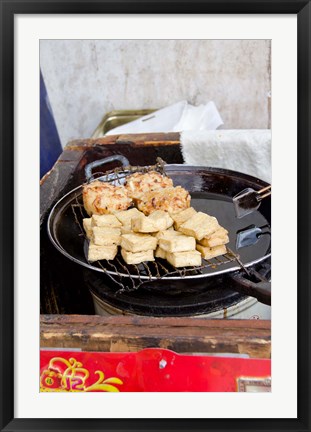 Framed China, Shanghai. Village of Zhujiajiao. Homemade snacks cooked in wok. Print