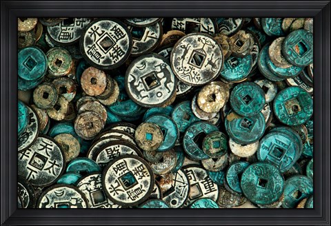 Framed Antique Chinese Coins and Reproductions at a Street Market, Shandong Province, Jinan, China Print