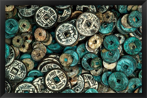 Framed Antique Chinese Coins and Reproductions at a Street Market, Shandong Province, Jinan, China Print