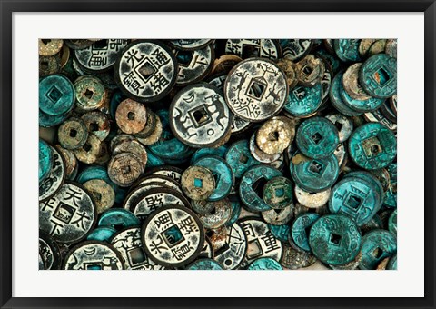 Framed Antique Chinese Coins and Reproductions at a Street Market, Shandong Province, Jinan, China Print