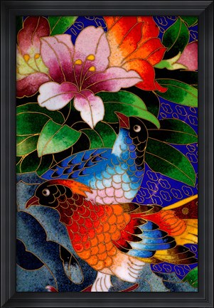 Framed Bird Cloisonne Plate, Hand Made with Tiny Copper Wires and Powered Enamel, China Print