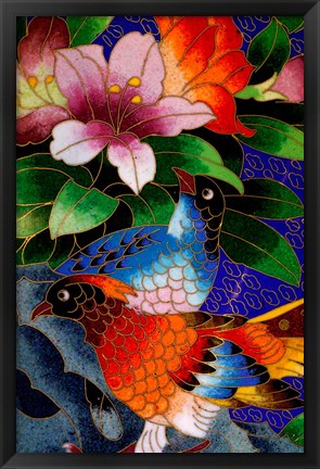 Framed Bird Cloisonne Plate, Hand Made with Tiny Copper Wires and Powered Enamel, China Print