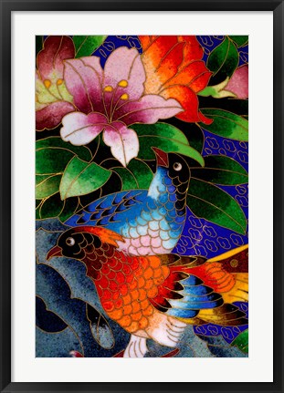 Framed Bird Cloisonne Plate, Hand Made with Tiny Copper Wires and Powered Enamel, China Print