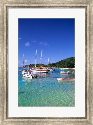 Framed Boats, beach, La Digue, Seychelle Islands Print