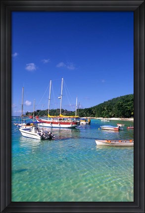 Framed Boats, beach, La Digue, Seychelle Islands Print