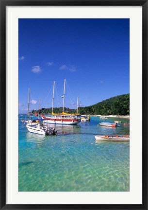 Framed Boats, beach, La Digue, Seychelle Islands Print