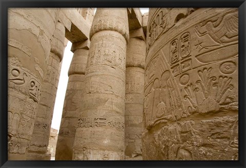 Framed Hieroglyphic covered columns in hypostyle hall, Karnak Temple, East Bank, Luxor, Egypt Print